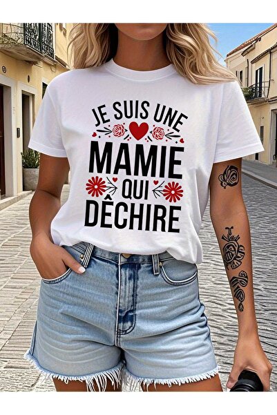 BASEPULSE تي شيرت مطبوع عليه عبارة "JE SUIS UNE MAMIE QUI DECHIRE"، قميص كاجو...