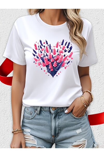NOURAM Women' Elegant Short-Sleeve T-Sh - White Lavender Flower & Heart Print...