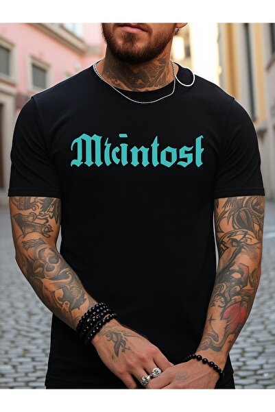 12 Teknoloji قميص رجالي أسود بأكمام قصيرة يحمل عبارة 'Mcintosh' بخط أزرق فاتح...