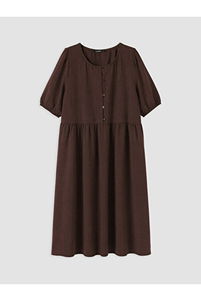LC Waikiki Lcwaikiki Curve Brown Plus Size Crew Neck Pleated Dress