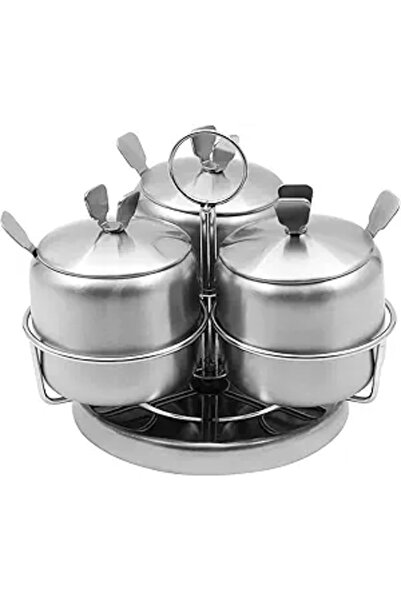 Arabest 3 Pcs Rotating Stainless Spice Jar Set With Lid And Spoon Silver