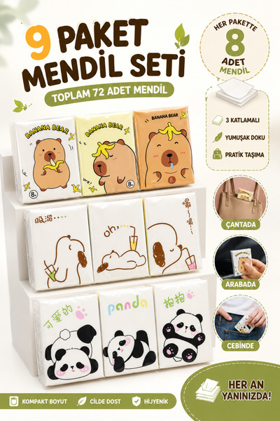 GÜZELYÜZ AVM Mini Karakterli Cep Mendil Seti 9 Paket 72 Adet | Yumuşak Kağıt ...