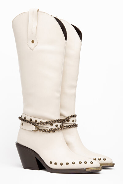 DENORA Beige Cream Matte Leather Metal Toe Cap Below Knee Staple Belt Detail ...