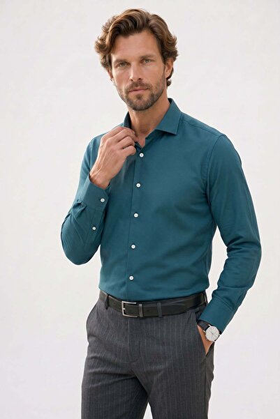 Tudors Men's Regular Fit Classic Cut Cotton Easy-Iron Dobby Petrol Shirt
