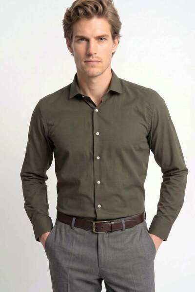 Tudors Men's Regular Fit Classic Cut Cotton Easy-Iron Dobby Khaki Shirt