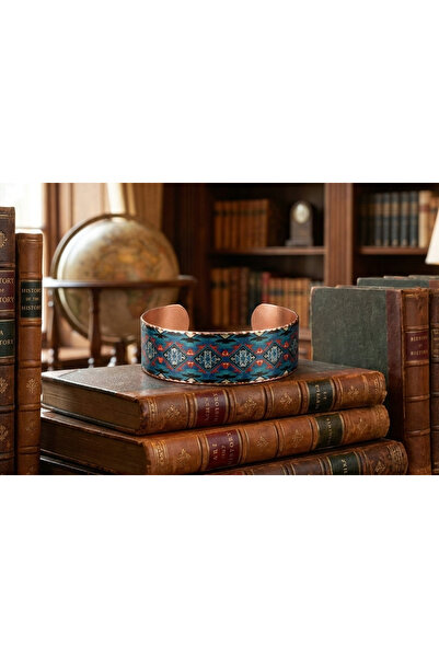 Erol Bakır Copper Blue Anatolian Geometric Patterned Wide Adjustable Clamp Br...