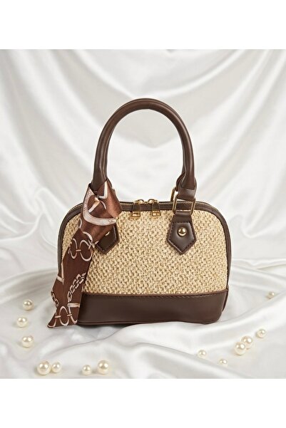 AVIVA Scarf Detailed Straw & Leather Combination Women's Shoulder Bag