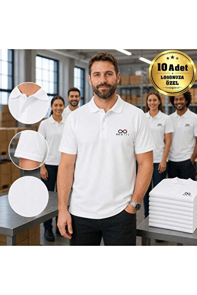 Bk Gift 10 White Polo Collar T-Shirts with Your Logo - Cotton Unisex Corporat...