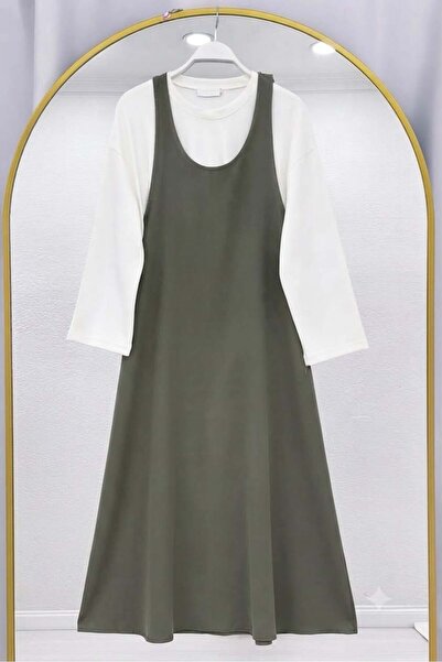 modasindoma Women's Blouse Detailed Salopet Gilet Dress Khaki