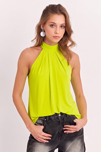 NEW JOURNAL Women's Pistachio Green Halter Neck Blouse App1273