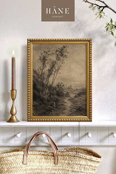 Hane Concept Vintage Sepia Landscape Framed Painting, Tree Sketch Landscape F...