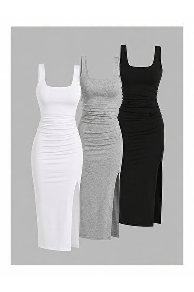 Machetta Women's Thick Strap Square Neck Slit 3-Piece Maxi Dress