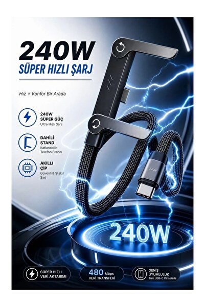 FİOPLUS 240W Ultra Hızlı Type-C Şarj Data Kablosu Katlanabilir Standlı Ergono...