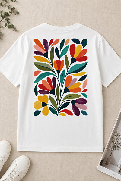 Spoyi Modern Flora Design 100% Cotton Half Oversize White T-Shirt