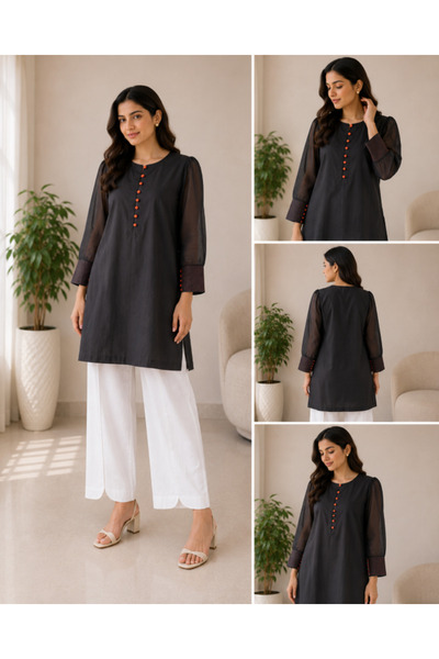 Libas lab - Black Cotton A-Line Modest Shirt with Sheer Sleeves & Contrast Bu...