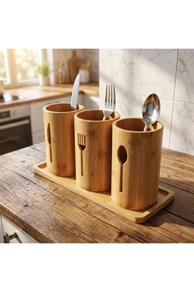 Yıldızan Msa Shop 3-Piece Natural Bamboo Spoon Holder Set - Countertop Cutler...