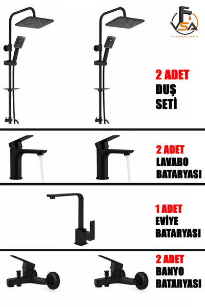 VSA Yeni Mat Siyah 7 Parça Banyo & Mutfak Batarya Seti | 2 Duş Seti + 2 Lavab...