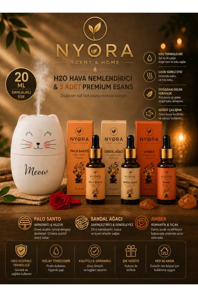 NYORA Meow Temalı H2O Hava Nemlendirici Cihaz Sandal AĞACI Palo Santo Amber 20 Ml Damlalıklı Aroma Terapi Esansiyel Yağ Ortam Kokusu Hediye Seti