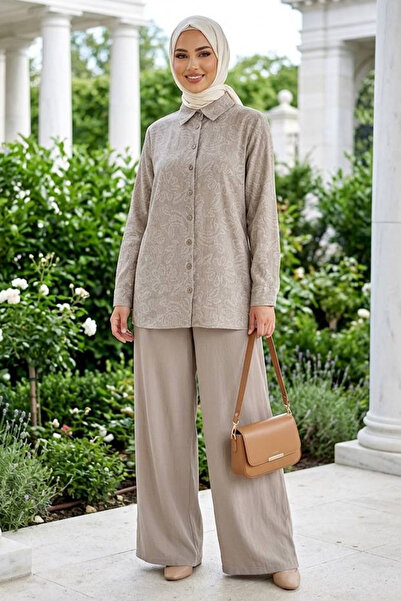 Neva Style Patterned Buttoned Mink Linen Hijab Set 32104V