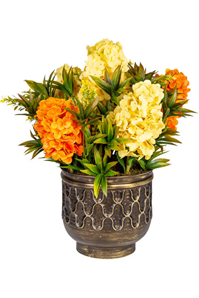 Herdekora Metal Saksıda Islak Ortanca Aranjmanı Sarı-Turuncu 55x57 Cm.
