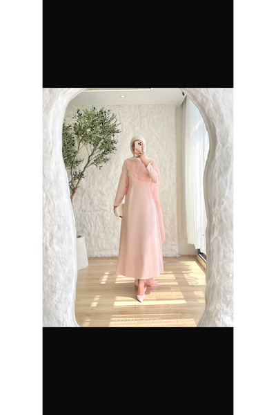 BELLASTORE Kadın Pudra Şifon Pelerin Detaylı Tesettür Abiye Elbise
