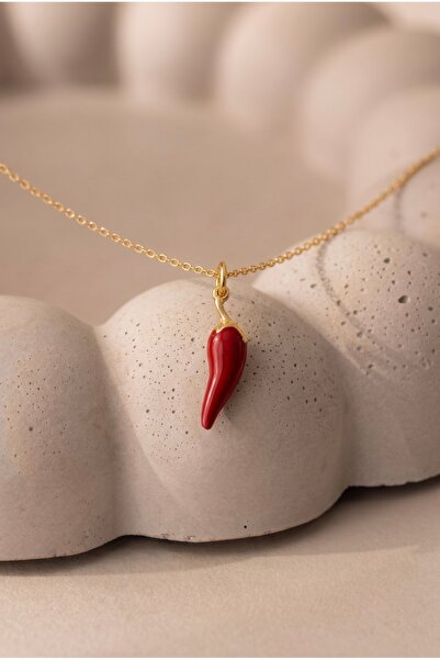 Minon Jewelry Kırmızı Mineli Akdeniz Biberi Şans Kolyesi - 925 Ayar - Şık Tas...