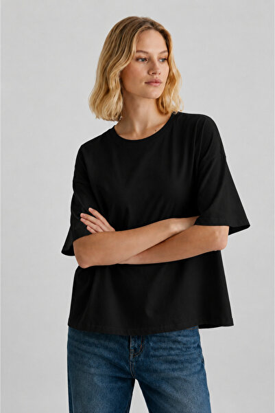 CloudyMood Kadın %100 Organik Pamuklu Kalın Dokulu Oversize Fit Yuvarlak Yakalı Siyah T-shirt