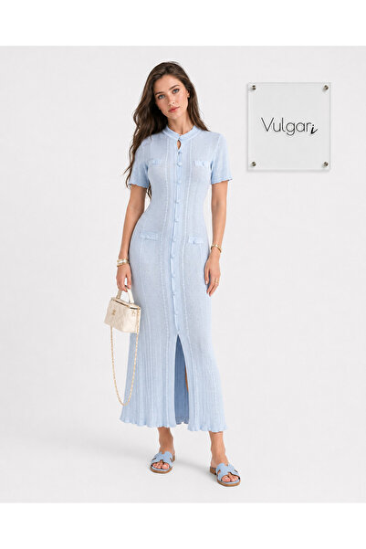 vulgariromania Long Women's Dress Light Blue, Thin Summer Knit, Fitted Cut, D...