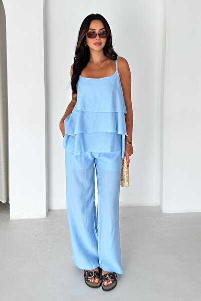 Noa&Noa Women's Ecru Strappy Layered Blouse Palazzo Trousers 2-Piece Set
