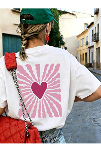 EYMORA Pink Heart Printed Unisex White T-Shirt 100% Cotton Aesthetic Minimal ...