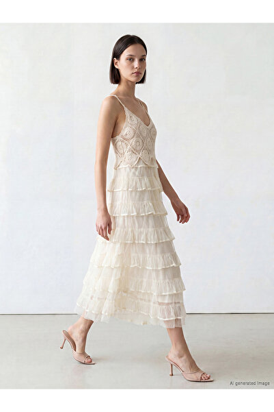 LC Waikiki Lcw Comfort White V-Neck Ruffle Crochet Dress with Rope Straps