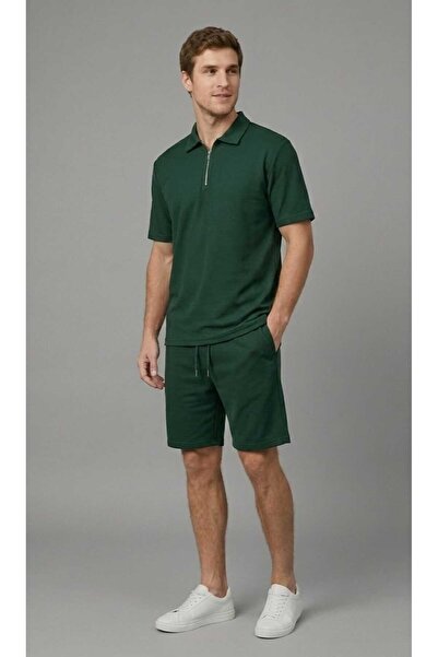 LiyAdaCo Unisex Green Polo Collar T-Shirt Shorts Set Oversize Summer Fabric