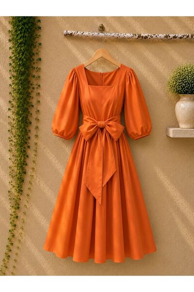 KÜÇÜĞÜM BUTİK Salmon Flared Large Bow Square Neck Poplin Dress