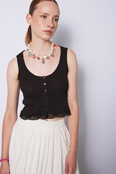 Nisan Lace-Detail Buttoned Knitwear Top Brown