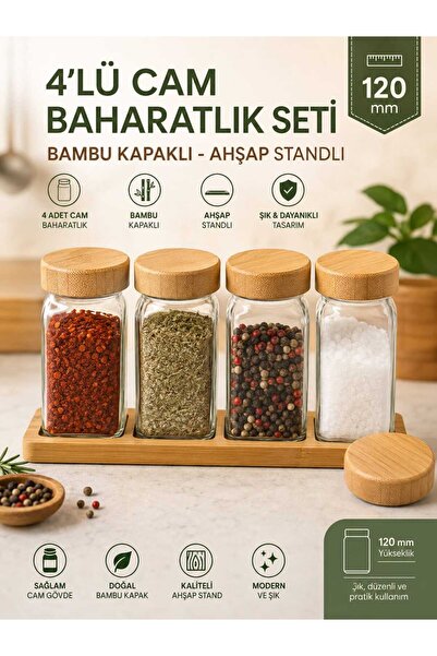 ASG Set of 5 Glass Spice Jars with Bamboo Lid and Wooden Base, 120 mm Wide In...