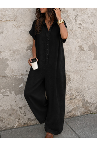 Afri Black Linen Women's Buttoned Shirt Collar Loose Jumpsuit – Wide Leg Loos...