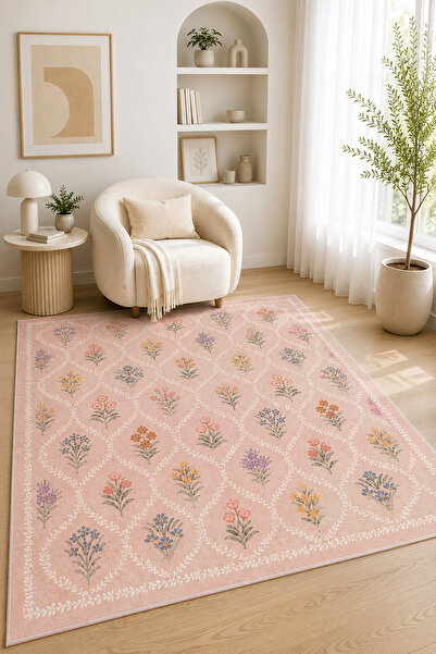 PINKIE HOME Dijital Kaymaz Yıkanabilir Renkli Çiçekli Salon Halısı Mutfak Hal...