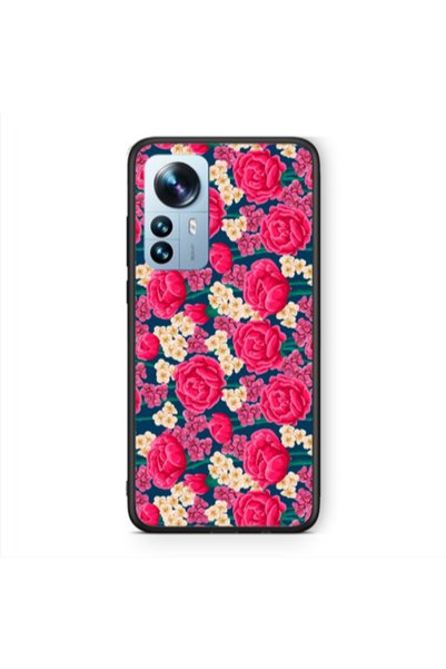 Other Xiaomi Mi 12 Pro Red and pink Flowers Black Glossy Θήκη