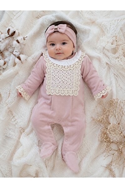 Pure Boutique Salopeta bebe fetita 100% bumbac cu bentita, roz pudrat, dantel...