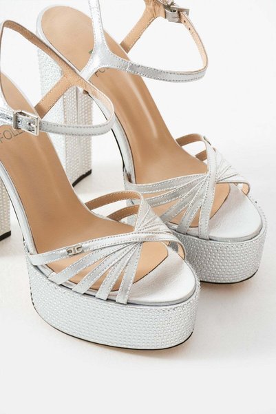 FOLLİNİ Women's Genuine Leather Stone-Embellished Platform Shoes Silver