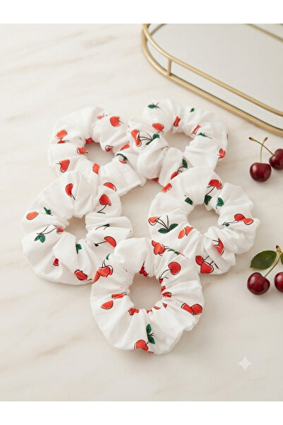 Se&On dizayn 5 li set kiraz desenli lastikli kumas scrunchie toka simit toka