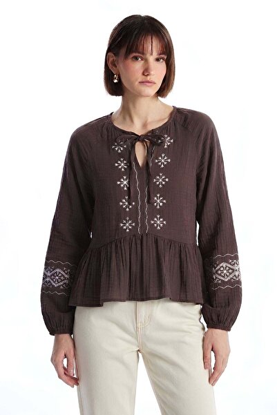 Shopping Shop Ethnic design muslin blouse coffee