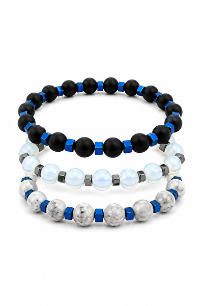 Sortie Aksesuar Erkek 3'lü Doğal Taş Bileklik Kombin Seti - Mat Oniks, Lapis Lazuli ve Buzlu Quartz Mavi Hematit Detaylı Unisex Premium Boncuk Bileklik