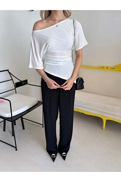 Bade Butik Ecru Boat Neck Draped Blouse