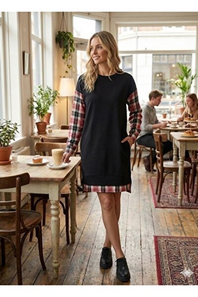 Wear Up Women's Crew Neck Dress with Plaid Pattern on the Sleeves and Back, A...