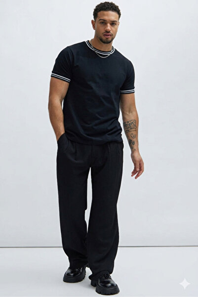 MEYASU Men's Slim Fit T-Shirt with Ribbed Detail, Crew Neck, Cotton Basic T-S...