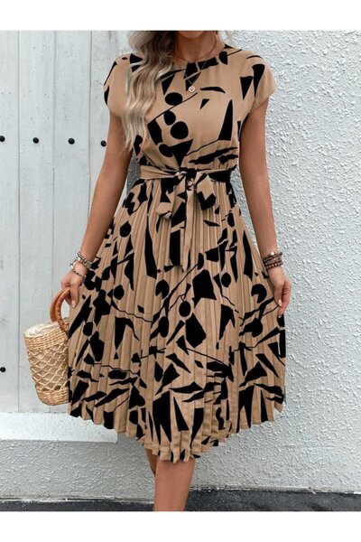 Wear Up Women's Short Bat Sleeve Round Neck Gathered Waist Single Jersey Dress