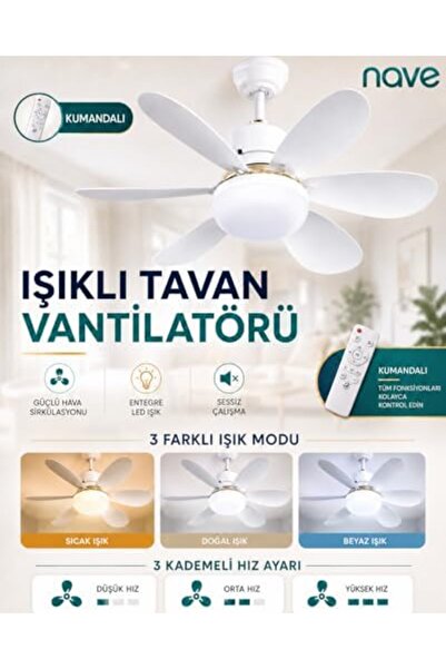 Yıldızan pazaralanı store NAVE NV-TV10 IŞIKLI TAVAN VANTILATORU 6 KANAT 2026 ...