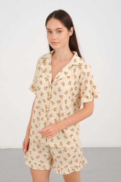 C&City Bürümcük Textured Buttoned Shorts Set Beige