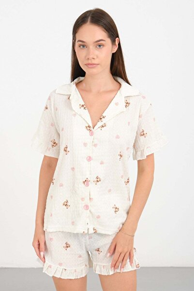 C&City Bürümcük Textured Buttoned Shorts Set Teddy Bear